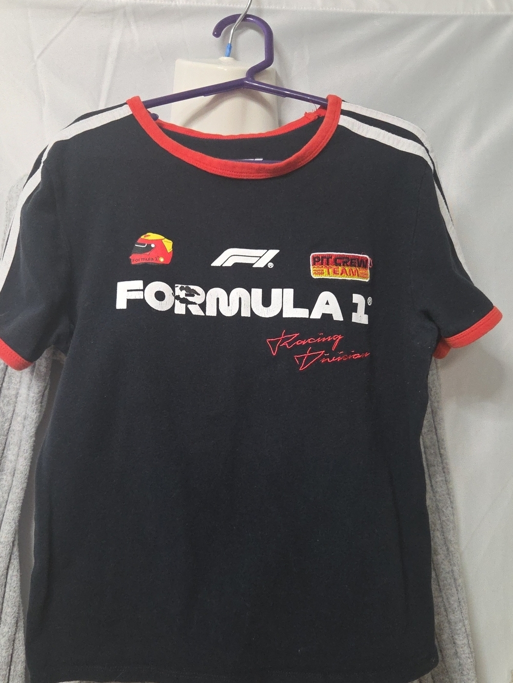 Hybrid Apparel Black Tee with Red Trim and White Formula 1 Graphic [1747)